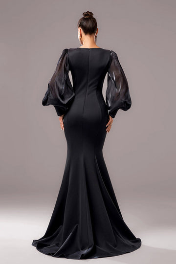 Sirène noire Puff Manches longues Col V Robe longue formelle avec appliques